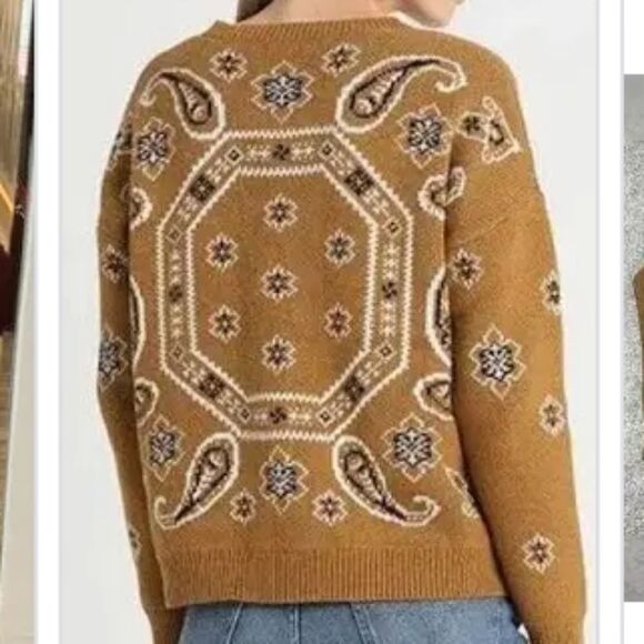 Madewell Brown Crew Neck Sweater with Abstract Design - Picture 1 of 9